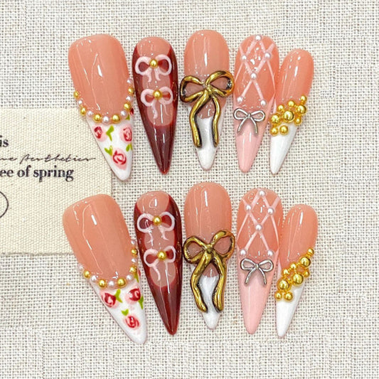 Stiletto Long Nails Pink Bow Pearl Handmade Press On