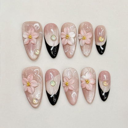 Green Cat Eye Gel with Gold Sparkle & 3D Yellow Flowers