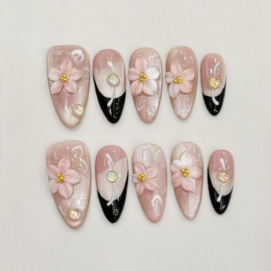 Green Cat Eye Gel with Gold Sparkle & 3D Yellow Flowers