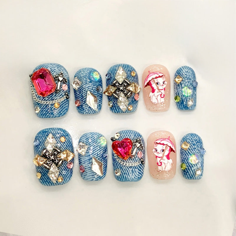 Squoval Short Nails Blue Denim Gem Cartoon Character Mix