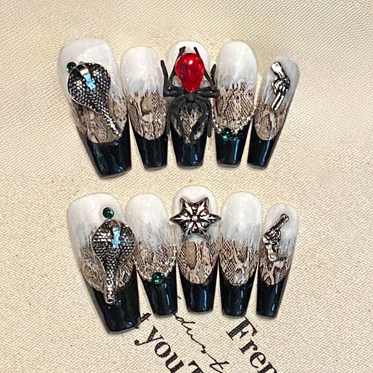 Ballerina Long Nails Black White Lace Handmade Press On Metal Decoration