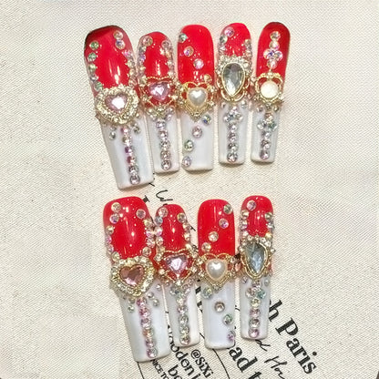 Nails Red White Luxury Rhinestone