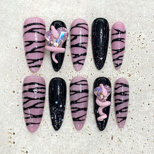 Stiletto Long Nails Pink Black Stripe Rhinestone Design
