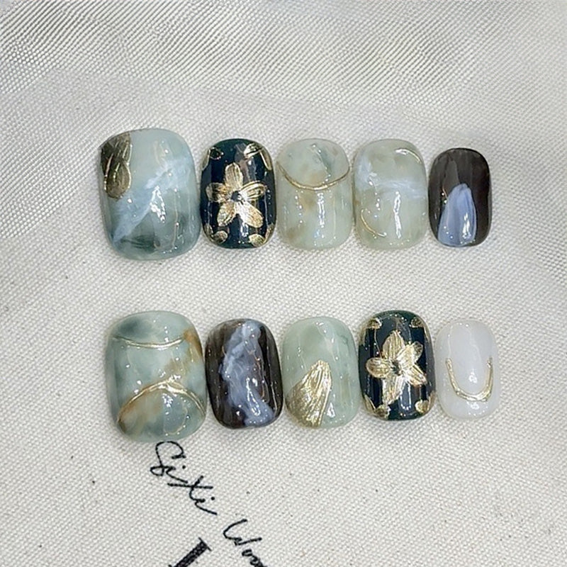 Green Gradient Gold Foil Floral Squoval Short Nails