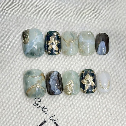 Green Gradient Gold Foil Floral Squoval Short Nails