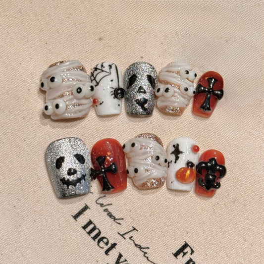 Halloween Gothic Skull Press On Nails Coffin Short Design