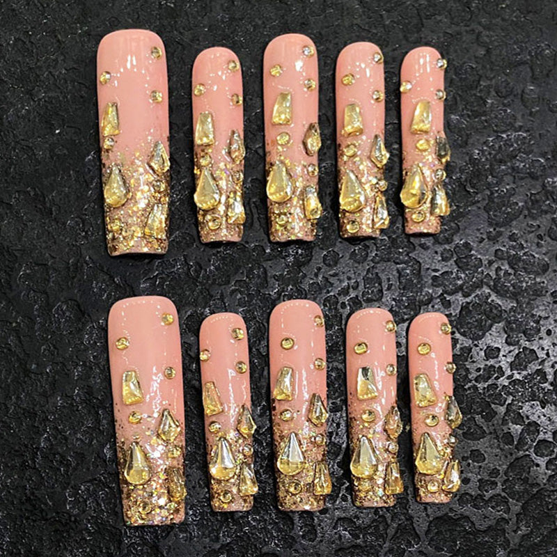Ballerina Long Nails Pink Gold Rhinestone Handmade Press On Luxury Design