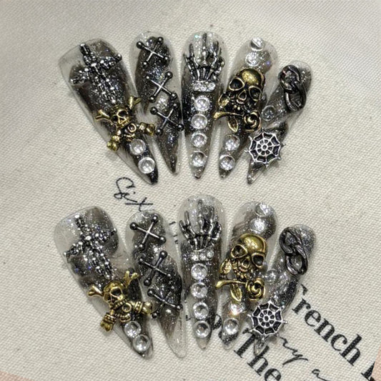Halloween Gothic Skull Stiletto Long Press On Nails