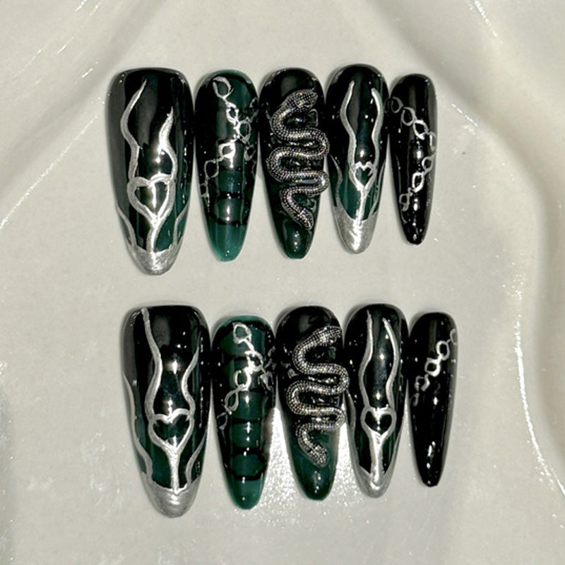 Stiletto Long Nails Black Nude Rhinestone Gold Glitter