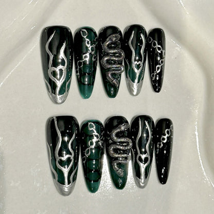 Stiletto Long Nails Black Nude Rhinestone Gold Glitter