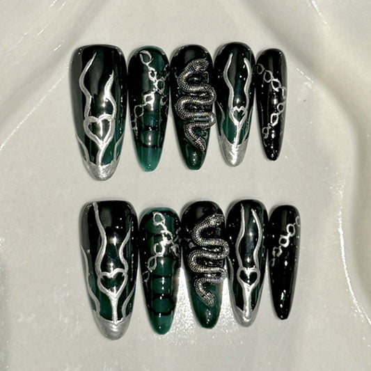 Stiletto Long Nails Black Nude Rhinestone Gold Glitter