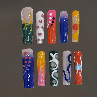 Slim Square Nails Colorful Mixed Pattern Creative Design