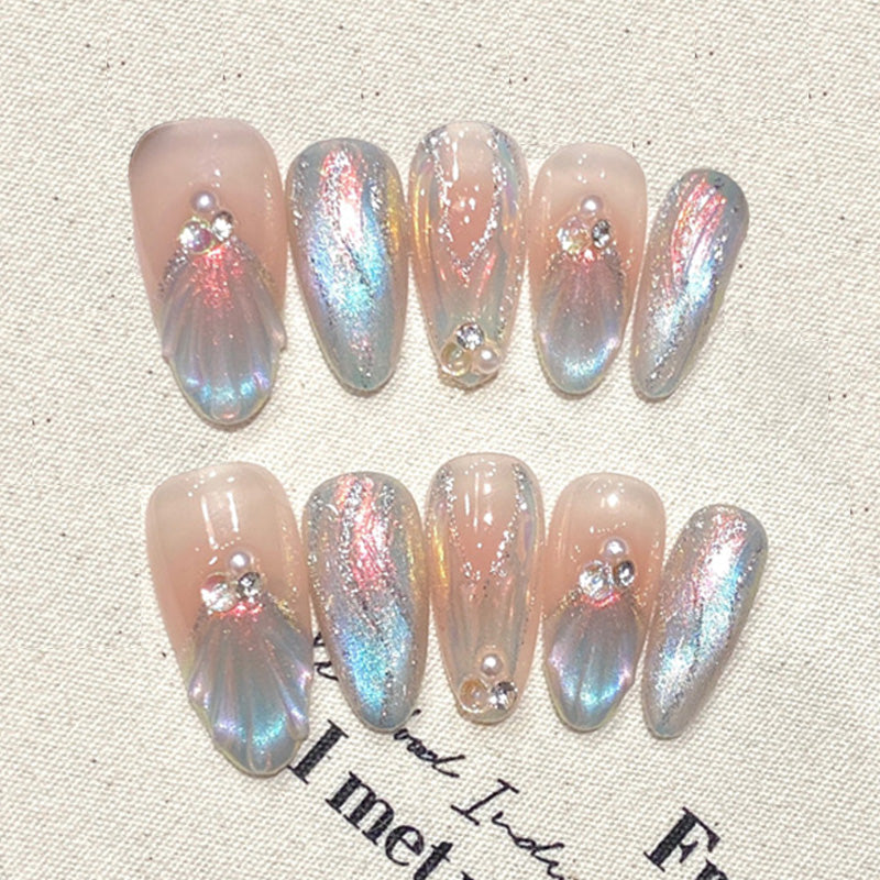 Stiletto Long Nails Pink Pearl Shimmer Rhinestone Iridescent