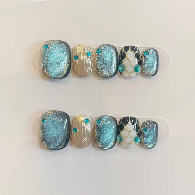 Squoval Short Nails Teal Glitter Gold Rhinestone Luxury