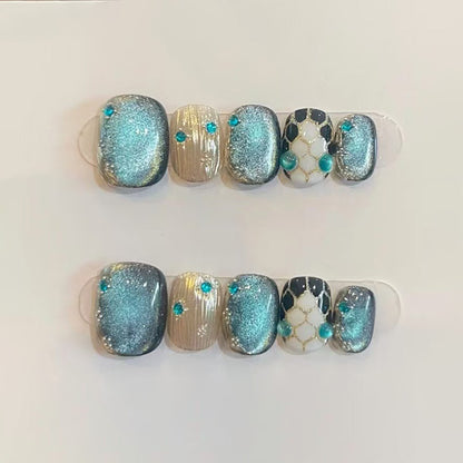 Squoval Short Nails Teal Glitter Gold Rhinestone Luxury