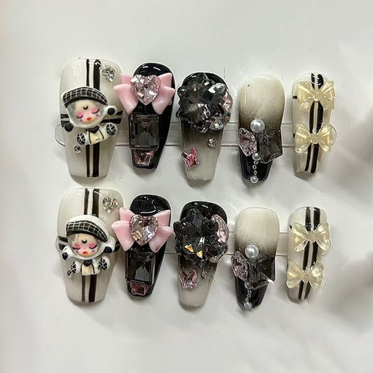 Kapownails Doll-Themed Press On Nails - Charms, Crystals & Pearl Decor