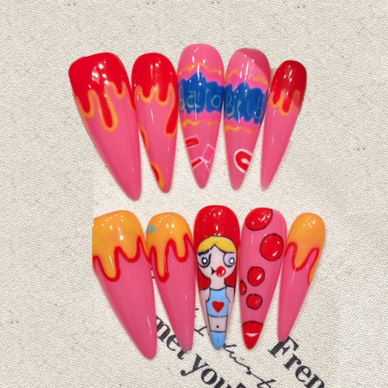 Stiletto Long Nails Pink Drip Effect Cartoon Character