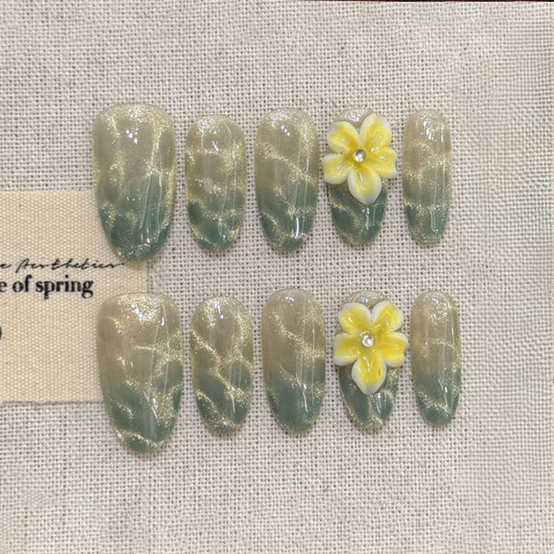 Green Gradient Almond Press-On Nails - Yellow Flower Set