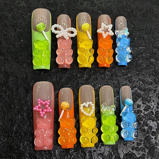 Rainbow Gummy Bear Press on, Colorful 3D Bear