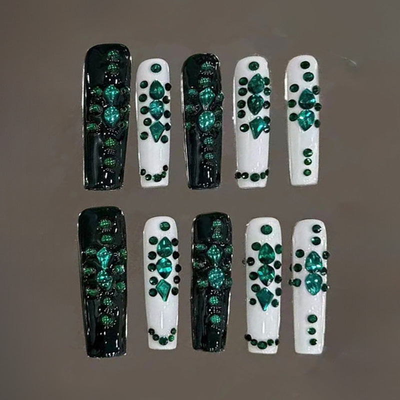 Nails Green White Leopard Print Glitter