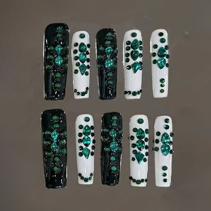 Nails Green White Leopard Print Glitter