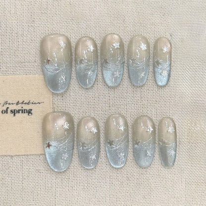 Handmade Oval Short Press-On Nails - Starry Glitter