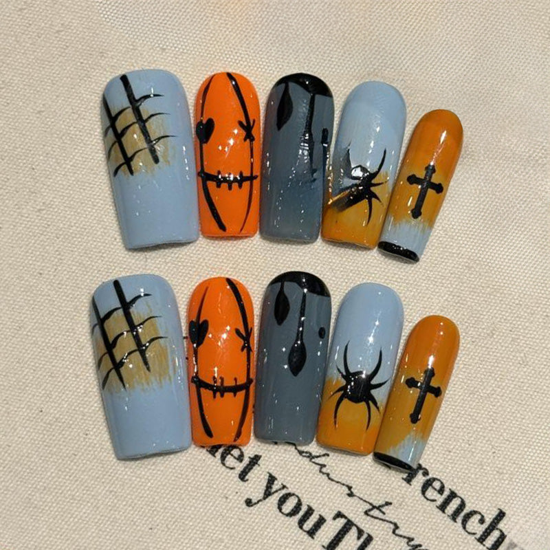 Halloween Pumpkin Spider Coffin Long Press On Nails