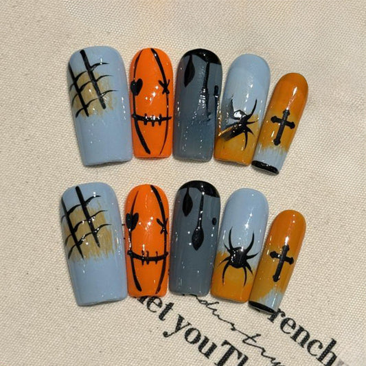 Halloween Pumpkin Spider Coffin Long Press On Nails