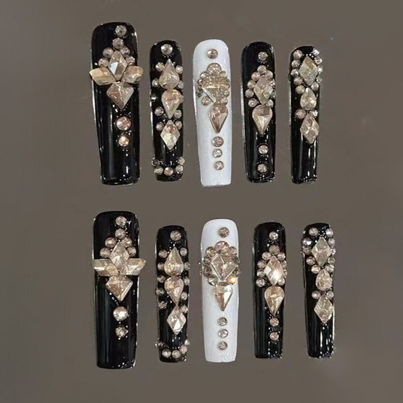 Slim Square Nails Black White Gold Rhinestone Luxury Design