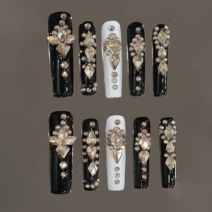 Slim Square Nails Black White Gold Rhinestone Luxury Design