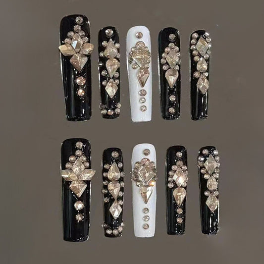 Slim Square Nails Black White Gold Rhinestone Luxury Design