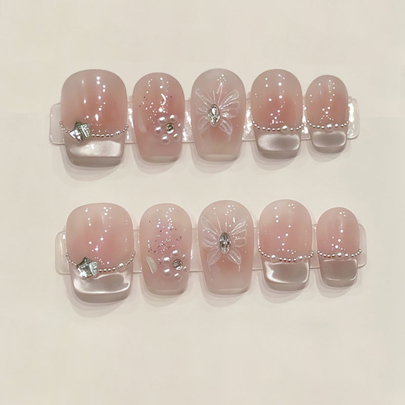 Squoval Short Nails Nude Silver Star Rhinestone Celestial