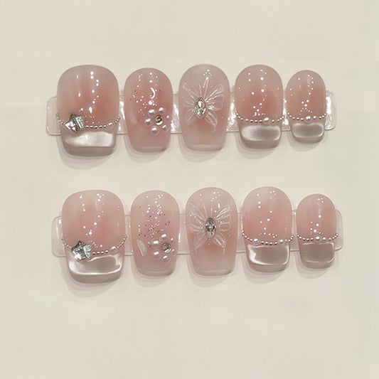 Squoval Short Nails Nude Silver Star Rhinestone Celestial