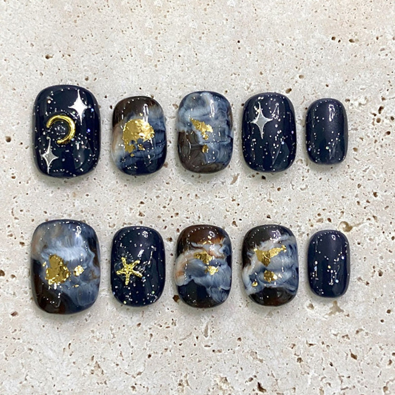 Navy Blue Starry Sky Gold Foil Squoval Short Nails