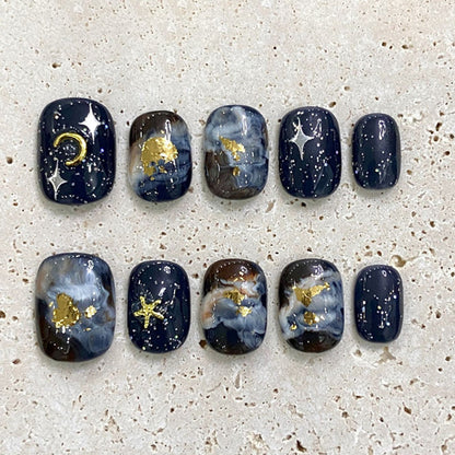 Navy Blue Starry Sky Gold Foil Squoval Short Nails