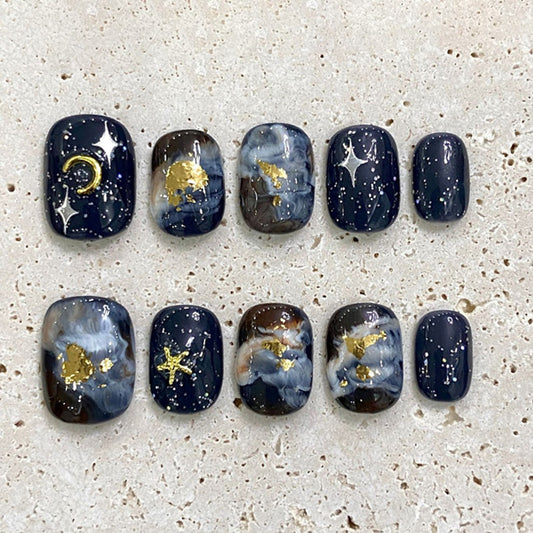 Navy Blue Starry Sky Gold Foil Squoval Short Nails