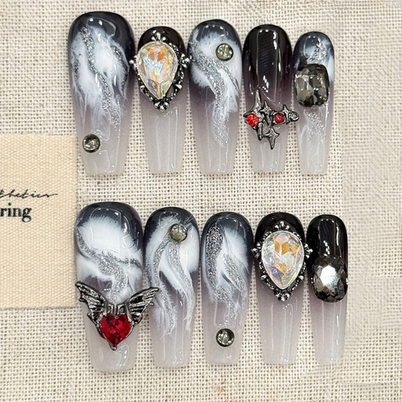 Gray Marble Coffin Press-On Nails - Luxury Gemstone Set