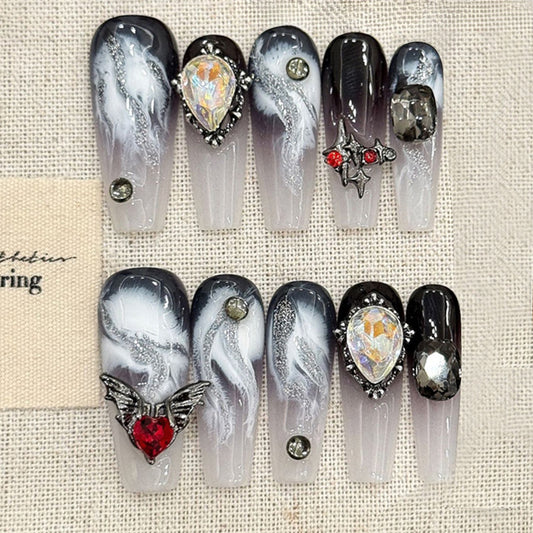 Gray Marble Coffin Press-On Nails - Luxury Gemstone Set