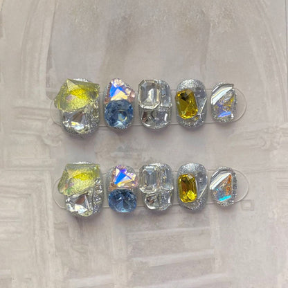 Squoval Short Nails Multicolor Gemstone Crystal Rainbow