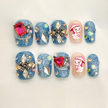 Denim - Style Press - ons with Cartoon & Rhinestones, Cute Trendy