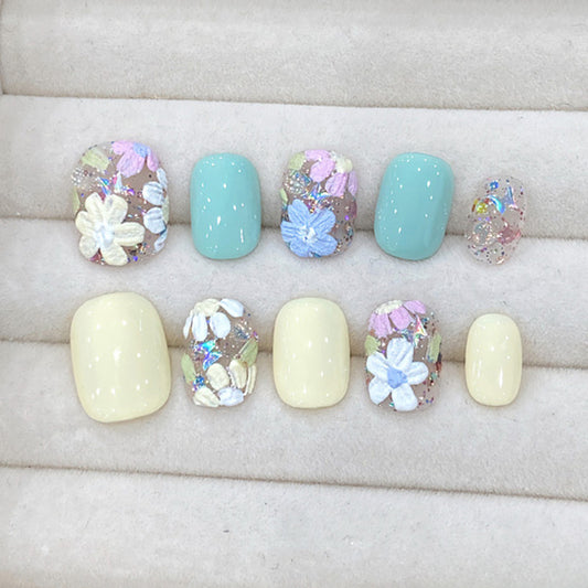 Squoval Short Nails Mint Green Yellow Floral Crystal Mix