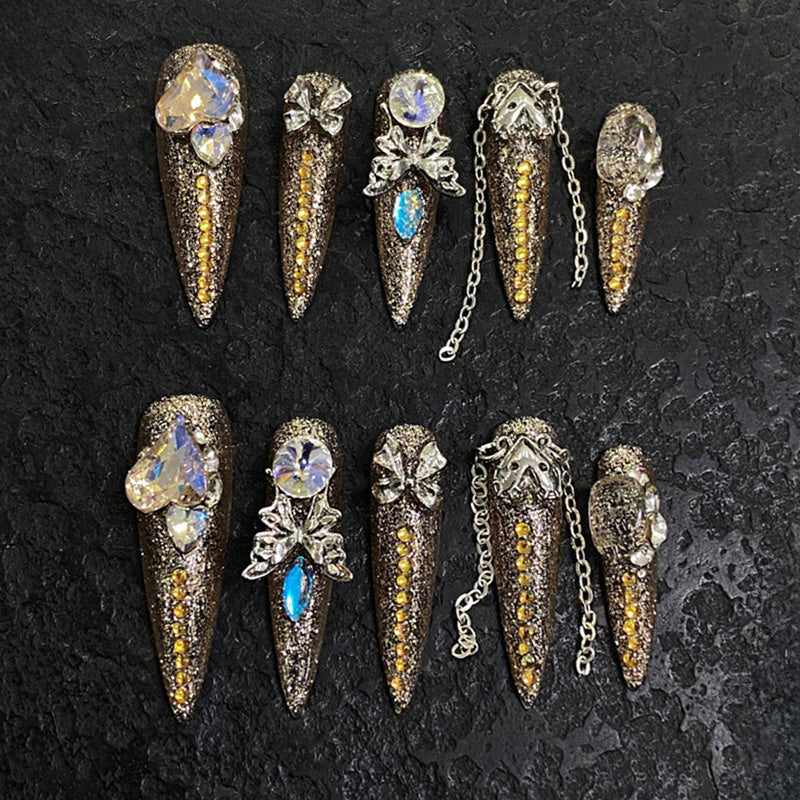 Stiletto Long Nails Gold Glitter Rhinestone Chain Luxury