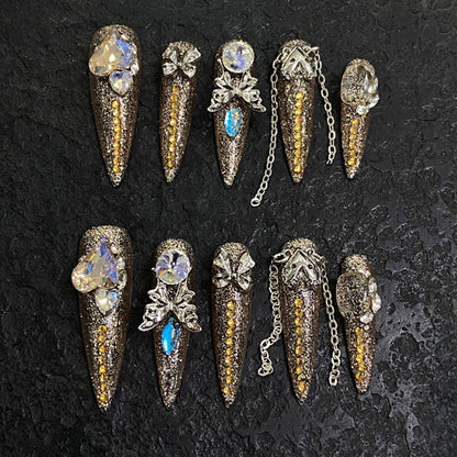 Stiletto Long Nails Gold Glitter Rhinestone Chain Luxury