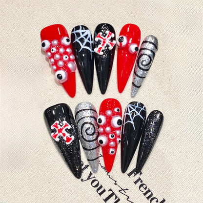 Stiletto Long Nails Red Black Gothic Eye Pattern Design