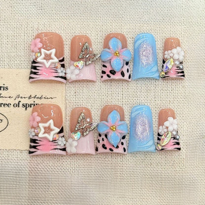 Blue White Coffin Press-On Nails - Flower Butterfly Set