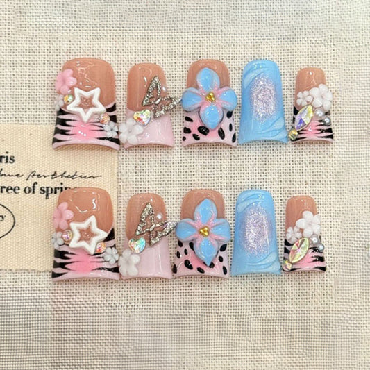 Blue White Coffin Press-On Nails - Flower Butterfly Set