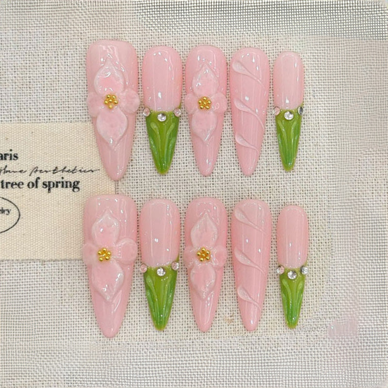 Stiletto Long Nails Pink Green Rhinestone Handmade Press On Color Block