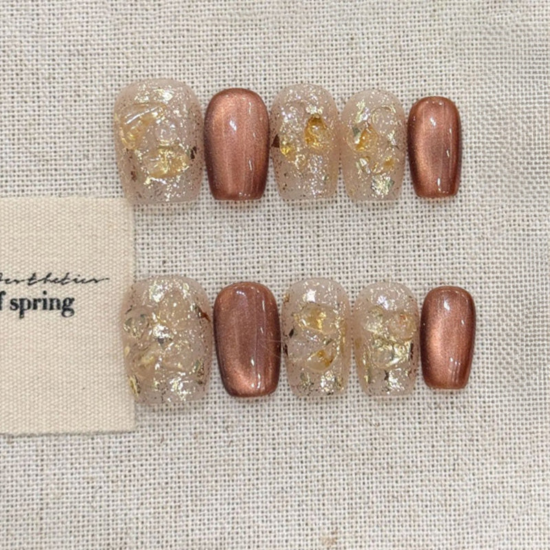 Ballerina Short Nails Brown Gold Foil Clear Transparent