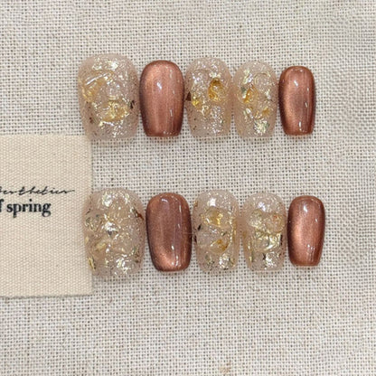 Ballerina Short Nails Brown Gold Foil Clear Transparent