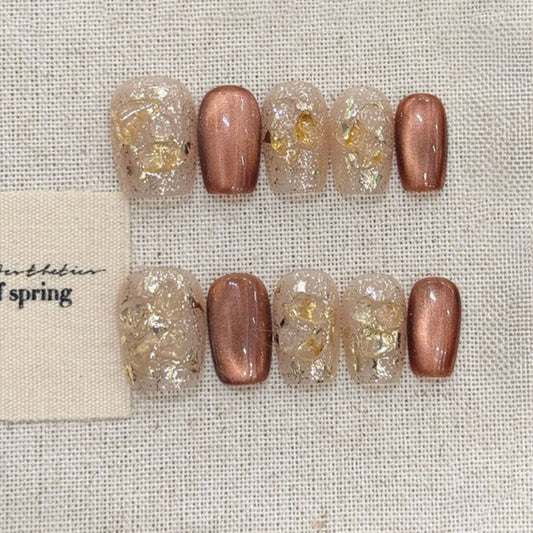 Ballerina Short Nails Brown Gold Foil Clear Transparent